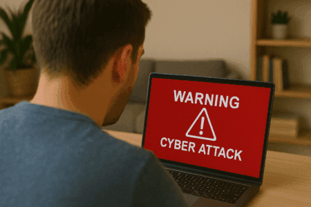 Cybercrime voor freelancers: je denkt dat het je niet overkomt. Tot het wél gebeurt. 1 Freelancer kijkt geschrokken naar een rood waarschuwingsscherm op laptop. symbool voor cyberaanval
